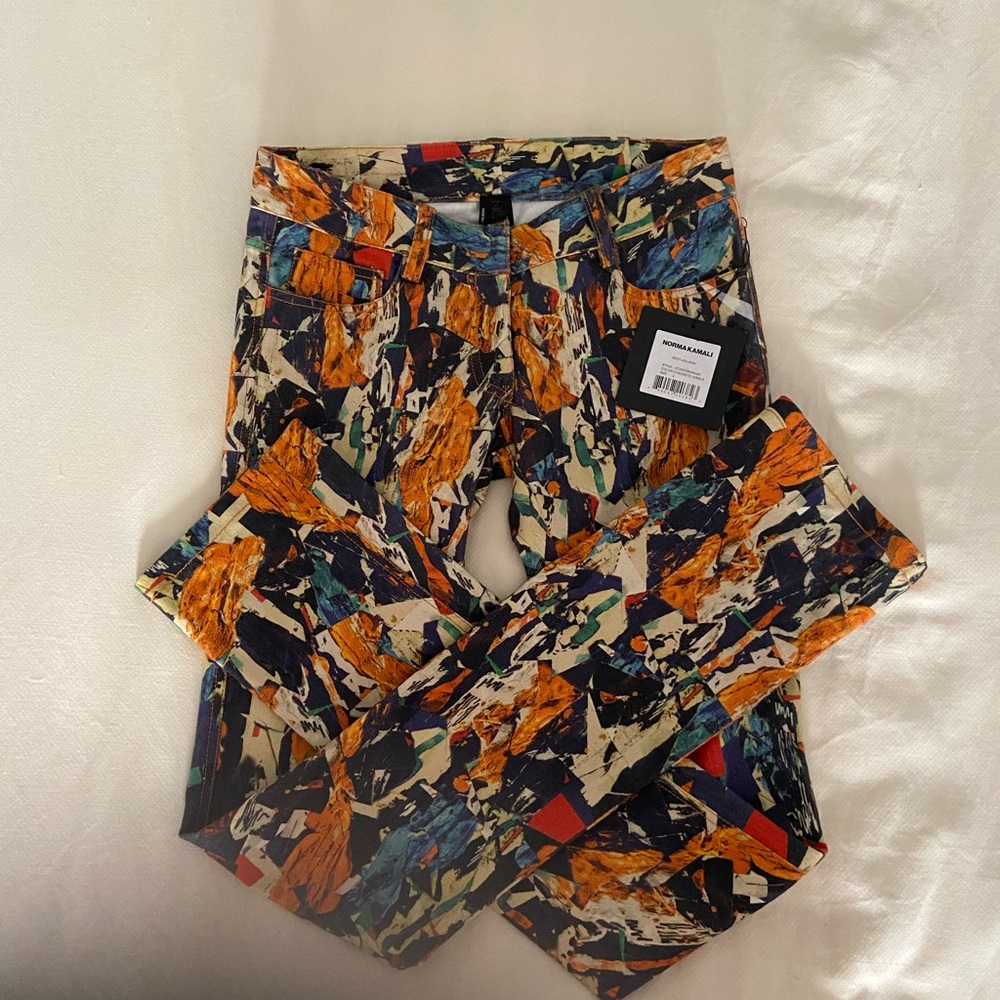 Norma Kamali Boot Leg Jeans with Orange and Blue Print